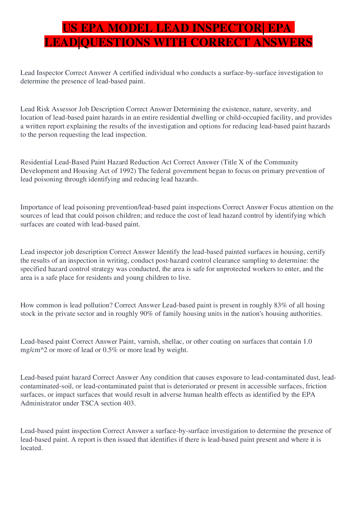 Preview image for US EPA MODEL LEAD INSPECTOR| EPA LEAD|QUESTIONS WITH CORRECT ANSWERS